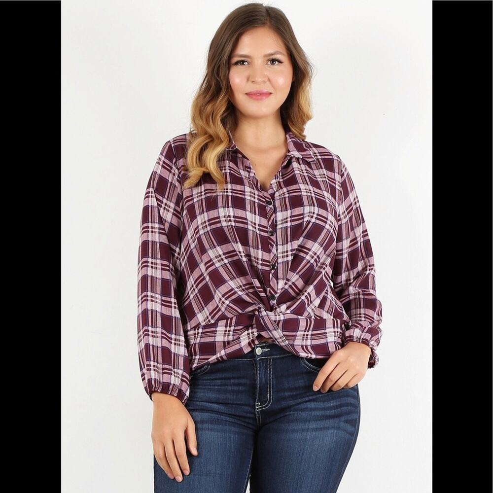 Haute Fox plaid long sleeve top knotted front. 1X